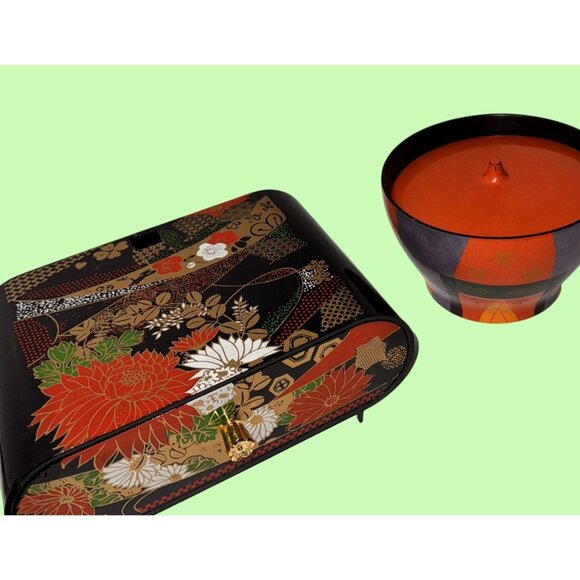 Vintage Japanese Lacquerware Box & Bowl Set With Lid - Picture 3 of 12
